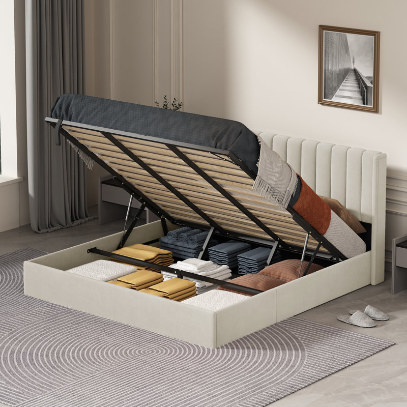 Daizia Lift Up Storage Platform Bed with Wingback Headboard, Cream, King