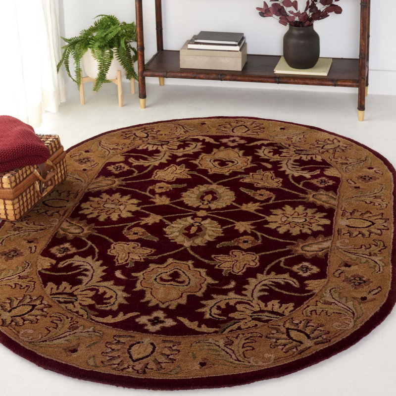 Tapis bourgogne / doré en laine touffeté à la main Bromley, Ovale 4 pi 6 po x 6 pi 6 po