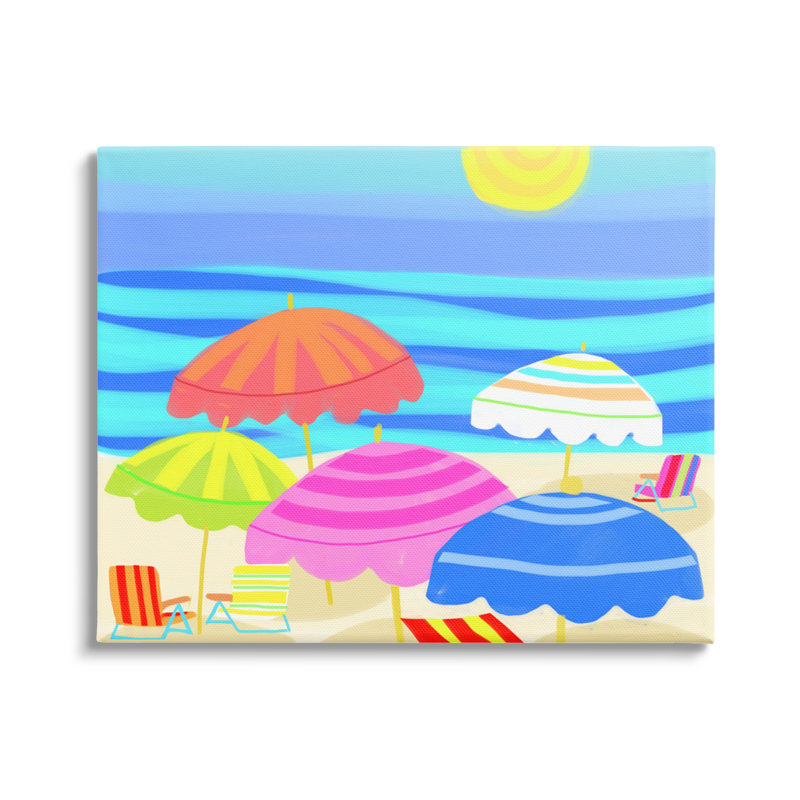 «Vibrant Sun Umbrellas Summer Beach Shore Scene» par Maret Hensick - impression, Toile tendue, H 16 po x l 20 po x P 1,5 po