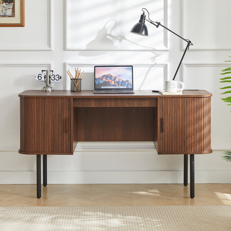55'' Computer Desk With 2 Storage Cabinets, Mid Century Executive Desk With Charging Station, Modern Home Office Large Desk With Adjustable Metal Legs