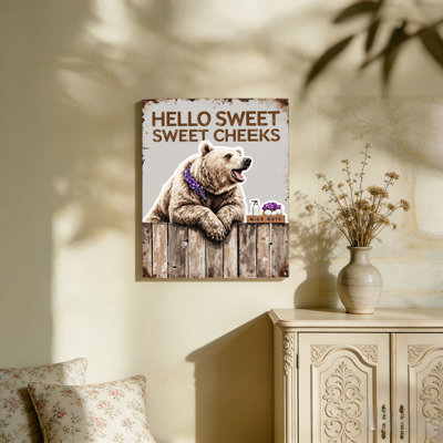 Bear With Hello Sweet Sweet Cheeks Slogan, Built-In Back Wood Frame, Wall Art Mural, 36L X 24W
