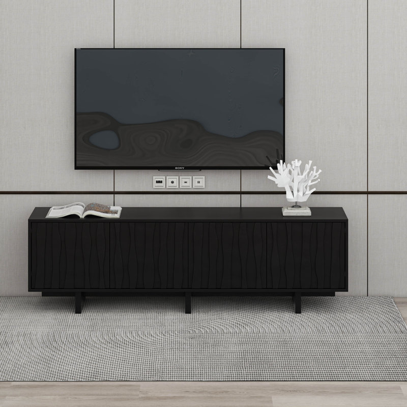 Meuble télé en bois de style rétro avec porte ondulée et meuble télé rustique, Noir