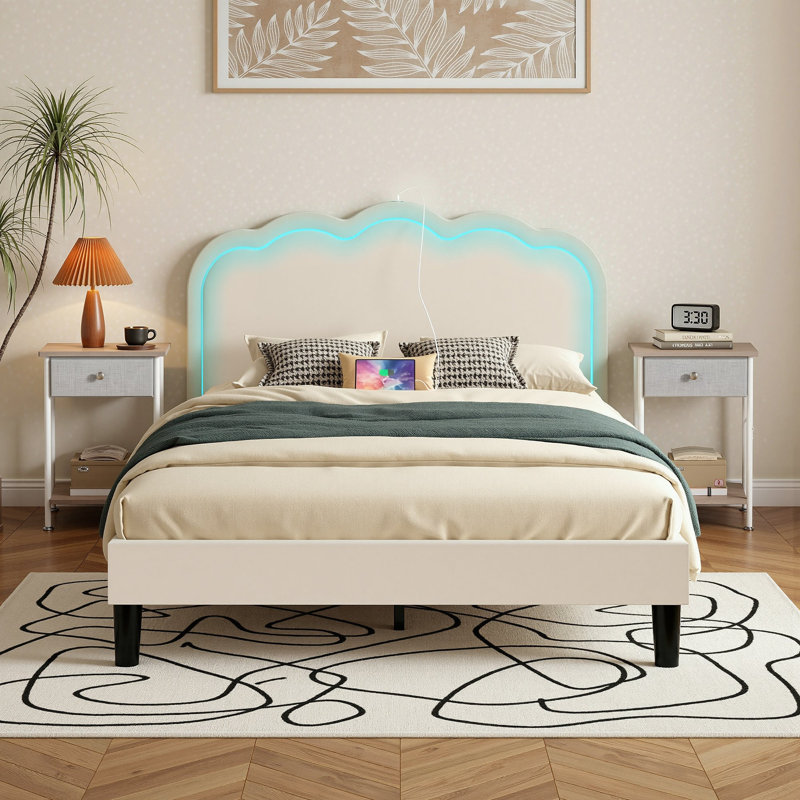 Velvet Upholstered LED Bed With 2 Nightstands Set, USB/Type-C Charging Station, Adjustable Headboard, No Box Spring Needed
