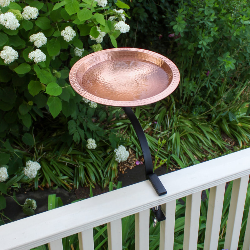 Hammered Copper Birdbath with Black Iron Rail Mount