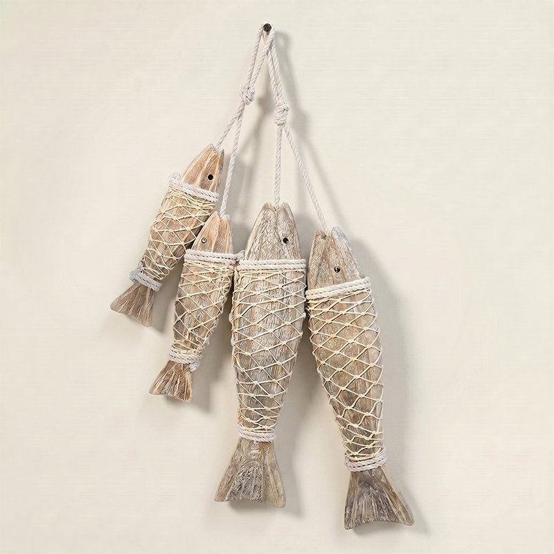 Ensemble de 2 pièces pour suspendre des poissons en bois rustique - décor nautique côtier avec filet de corde pour maison de plage ou salon