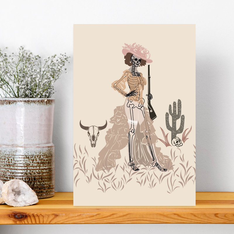 Elegant Skeleton Cowgirl Elegant Gothic Vintage Bull Cactus Landscape Nature Wall Art Print 1 Piece Wrapped Canvas Wall Art