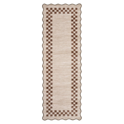 Scalloped Area Rug Modern Bordered Accent Carpet, Non-Slip Geometric Floor Cover, Stain-Resistant Low Pile Indoor Mat, Easy to Clean Rugs
