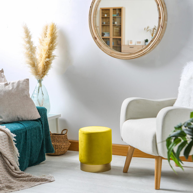 Harbour Housewares - Round Velvet Foot Stool Pouffe, Yellow