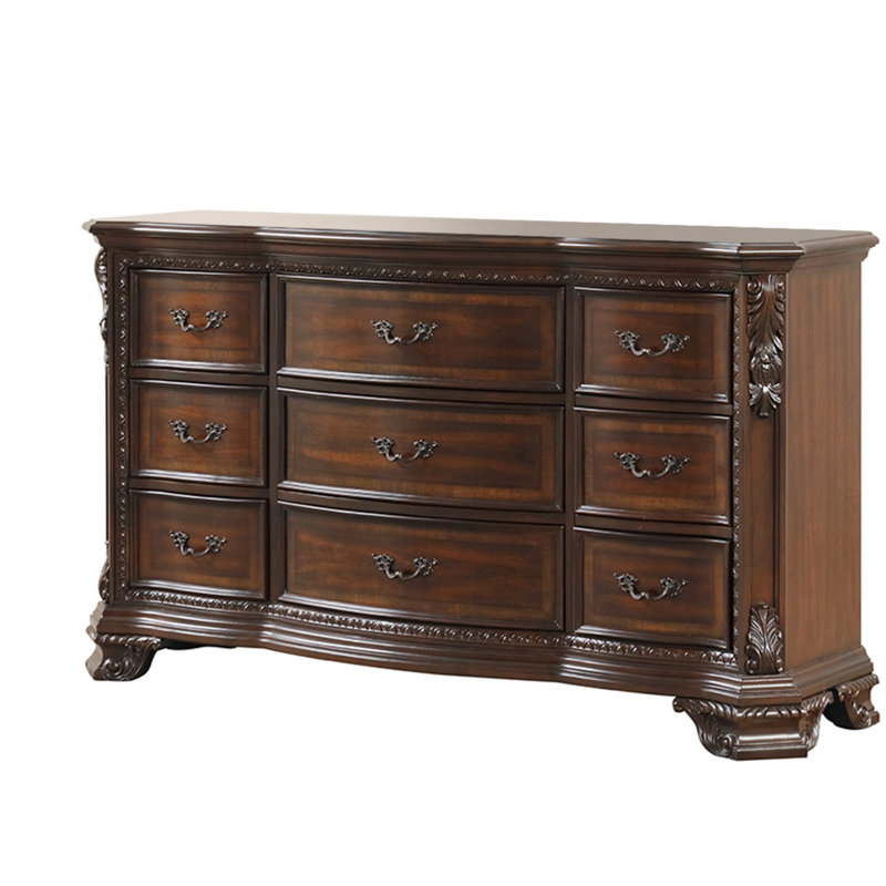 Commode 9 tiroirs de style traditionnel avec poignées en métal en noyer foncé (commode)