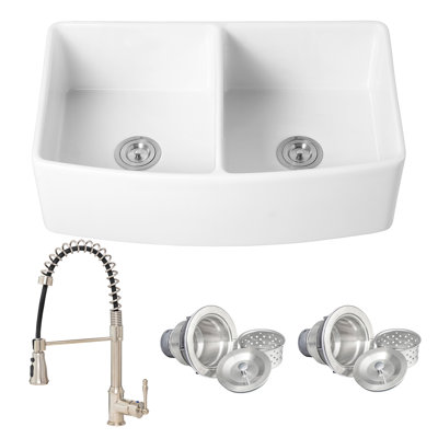 White Fireclay 33 in. Double Bowl Apron-Front Kitchen Sink with Faucets, Basket Strainer