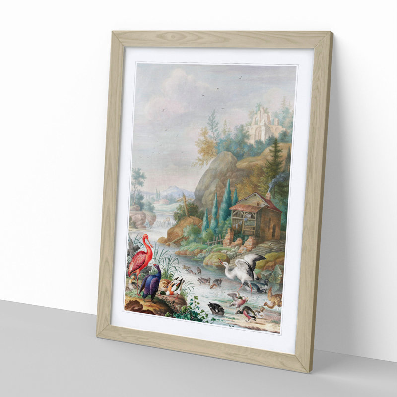 Birds Near a Mountain Stream by Herman Henstenburgh - Picture Frame Graphic Art, Oak, 65cm H x 48cm W x 2cm D