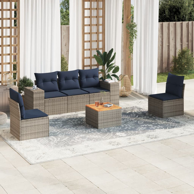 Ensemble de canapé de patio 6 pièces avec coussins en rotin de polyester, Gris, Marine