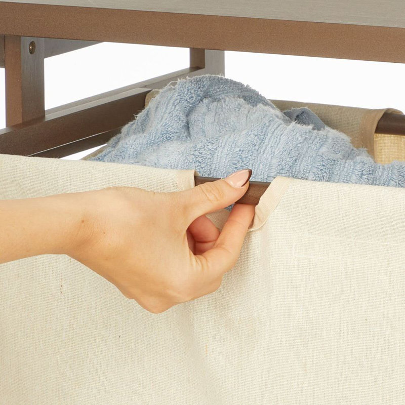 Bamboo Laundry Sorter with Storage Shelves and Sliding Bag, Oak/Gray, 32" H x 31.5" W x 13.5" D