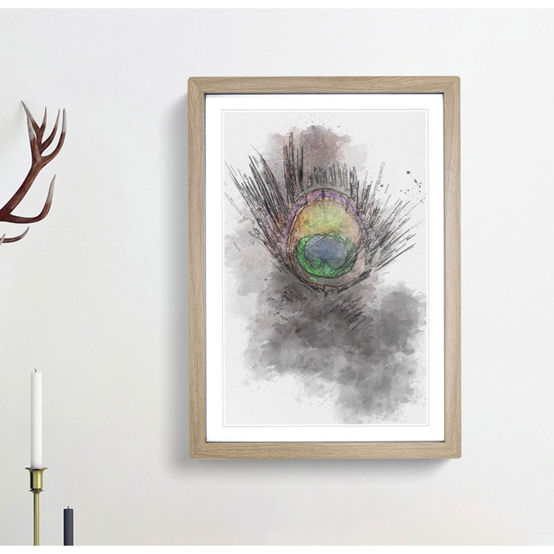 Purple Peacock Feather in Abstract - Picture Frame Graphic Art Print, Oak, 76cm H x 50cm W x 2cm D