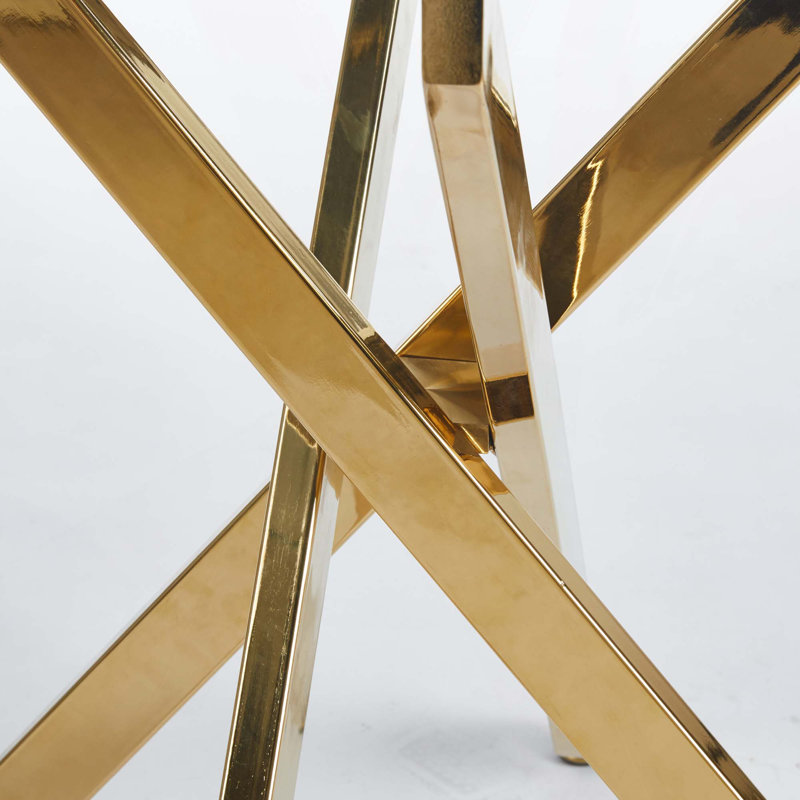 Round Dining Table with cross metal leg and tempered glass, 21.65''H x 23.62''L x 23.62''W,, Gold, Transparent