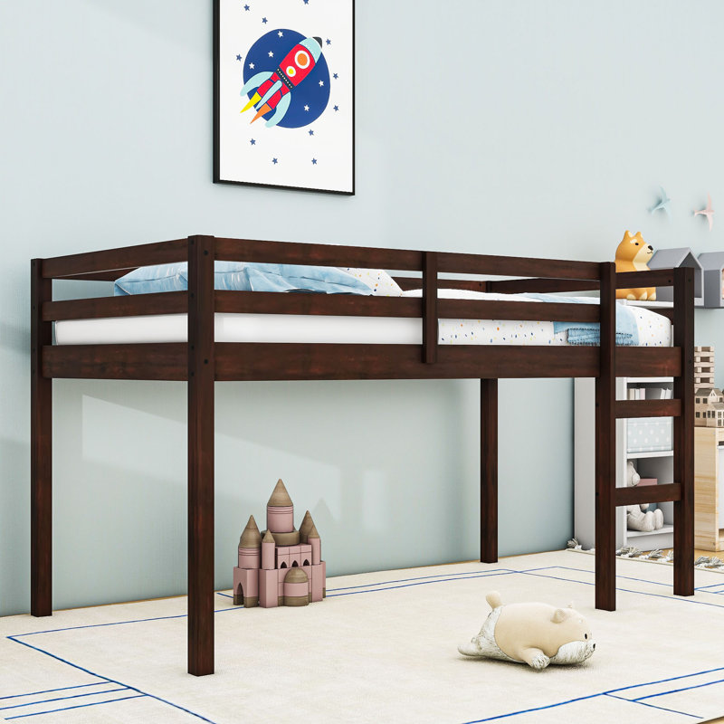 Lit mezzanine simple en bois avec échelle et garde-corps de sécurité, conception basse, Espresso