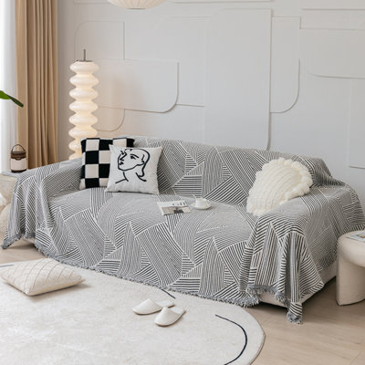 Housse de canapé en chenille réversible 1 pièce à rayures