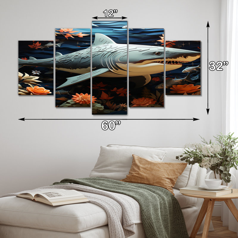  «Shark Silent Hunter Papercut - Reproduction d'art sur toile animaux - 5 panneaux