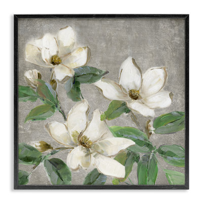 Magnolias ivoire sur estampe numérique grise, design par Sally Swatland