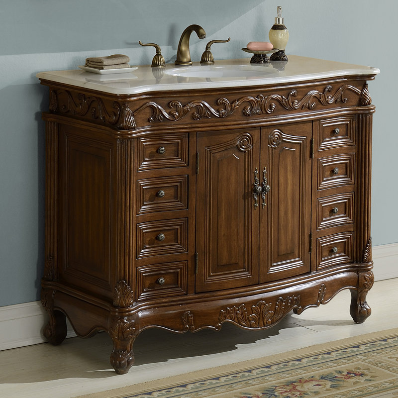Ensemble de meuble-lavabo simple 48 po Aurillac, Teck, Marbre de couleur crème