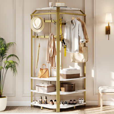 Gold Corner Coat Rack with Shoe Bench, 3-Tier Shelves & 6 Hooks, Freestanding Entryway Organizer