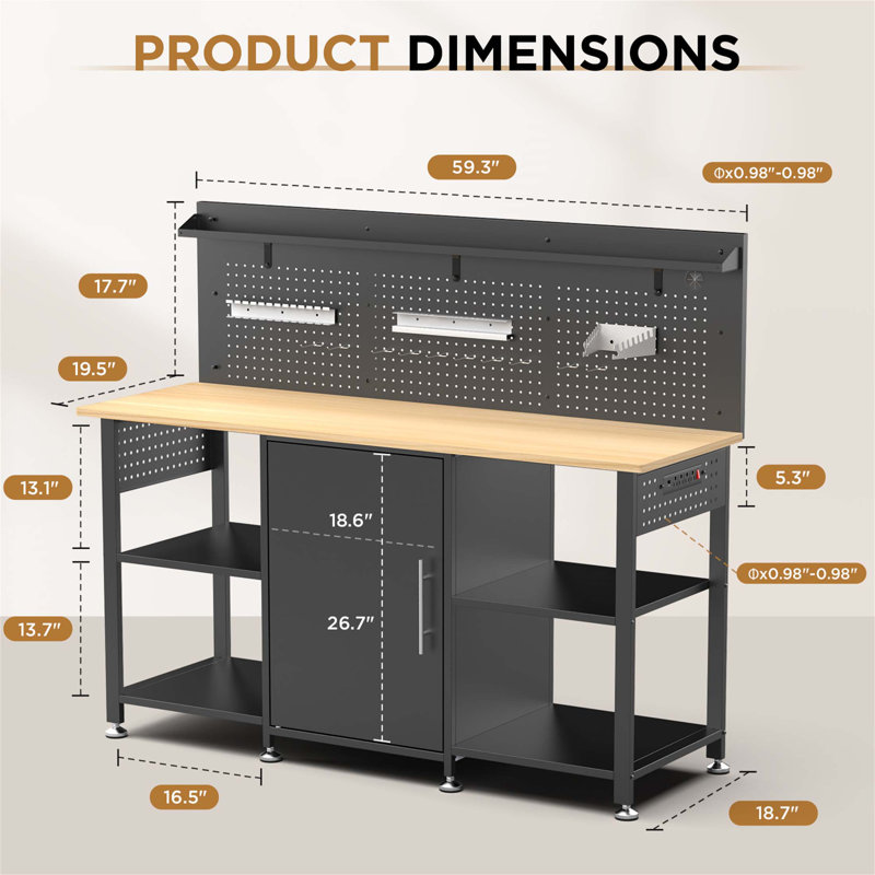 Établi robuste de 60 pouces avec rangement, plateau en bois, capacité de 2000 lb et prise de courant pour le garage