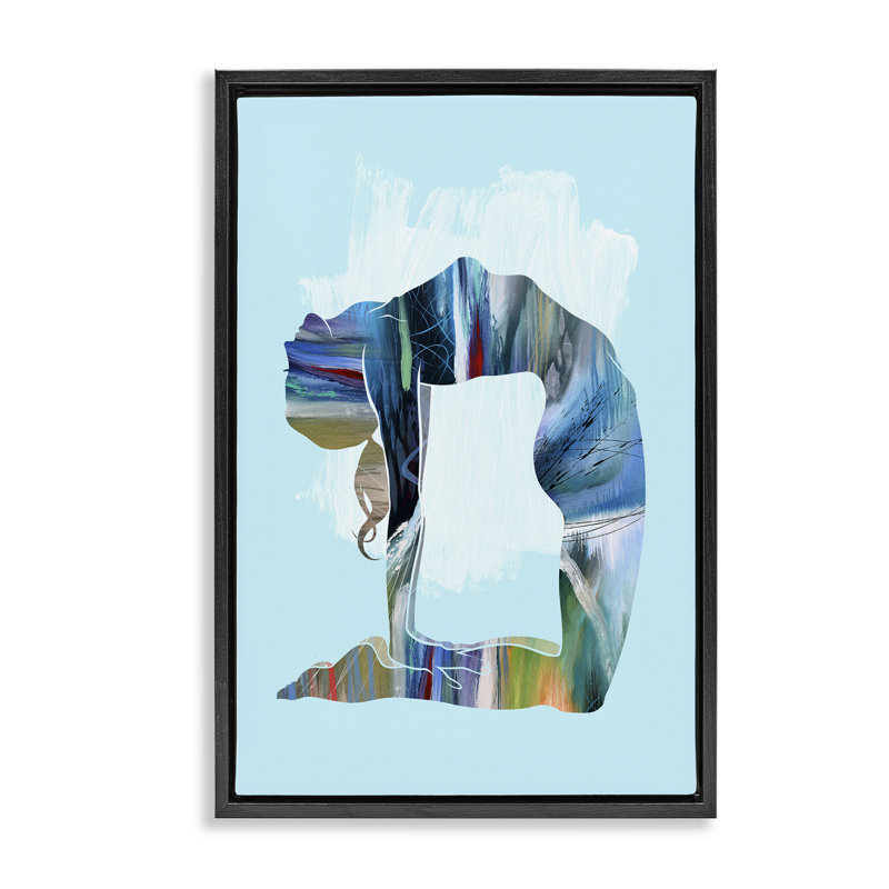 «Powerful Yoga Stretch», toile encadrée dorée par Tim Parker, H 31 po x l 21 po, Cadre flottant noir de jais