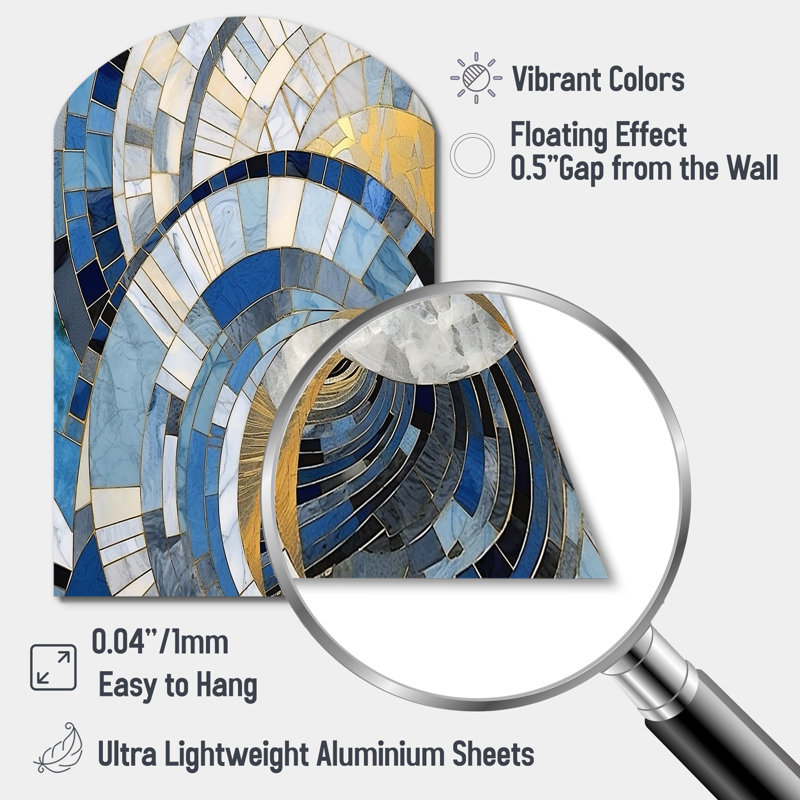 «Gold Constructing Blue Realms I - Arch Abstract Shapes», décoration murale en métal asymétrique, H 34 po x l 25 po
