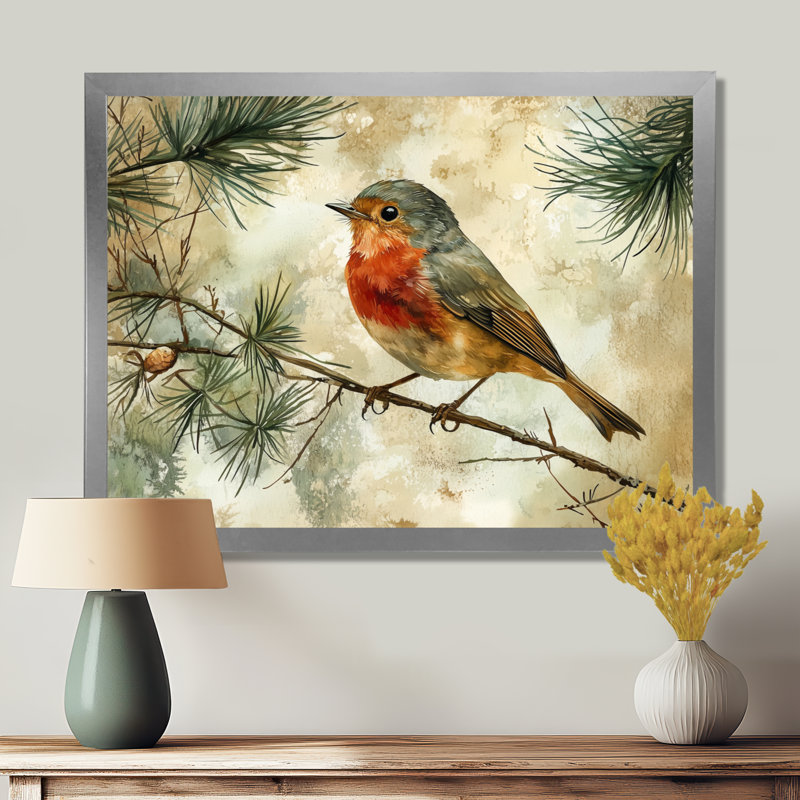 Robin, oiseau dans la canopée I - oiseau, art mural, H 30 po x l 40 po, Cadre flottant, Argent argent