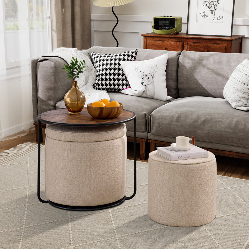 Coffee Table Set With 2 Stools, Beige