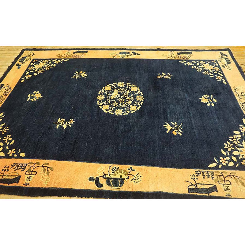 Chinese - Peking Antique Rectangle Wool 1920s Knotted Hallway Runner Blue Rug