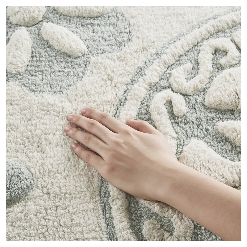 Tapis de bain rond à médaillon de 25 pouces, 100 % coton, blanc et vert., Single 25" L x 25" W, White/Green