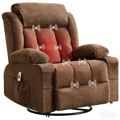 Fauteuil inclinable et pivotant surdimensionné à 360 ° pour adultes - Canapé inclinable électrique, chauffage et massage, télécommande, porte-gobelets, poches latérales, ports USB - Grande chaise longue grise, profondeur de perchoir: 57 cm