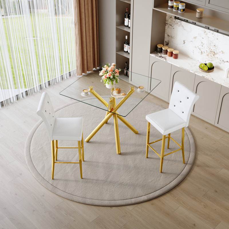 Ensemble de bar compact moderne, table en verre chromé doré, tabourets en cuir blanc