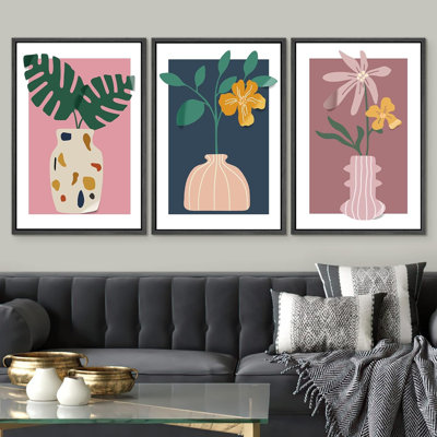 Simplified Graphic Plants " Pastel Monstera Daisy Flower Plants Colorful Illustrations Modern Art Decor Nordic Rustic " 3 - Pieces