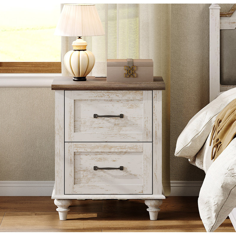 Table de chevet 2 tiroirs Aileas, Individuel, Blanc antique