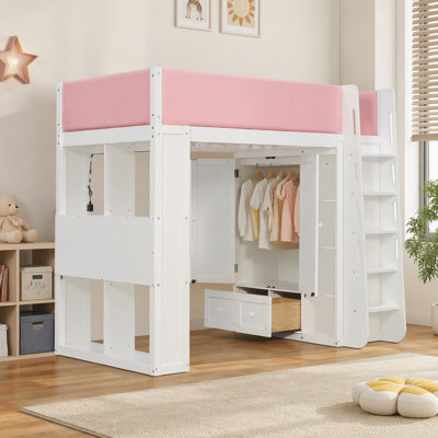 Lit mezzanine simple en bois massif avec barrières de sécurité entièrement recouvertes de cuir PU rembourré