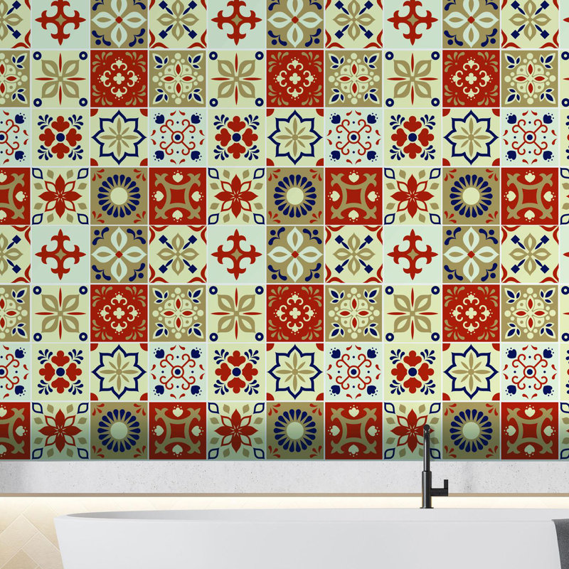 Marjorelle Black and White Moroccan Wall Tile Sticker Set 15cm x 15cm PVC , Burnt Orange/Beige