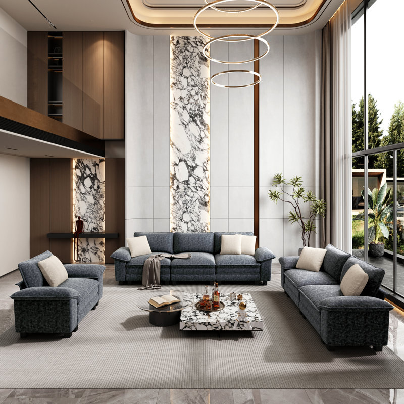 3-Piece Upholstered Modular Sectional Sofa Sets, Oversized Couch Set with Sofa, Loveseat and Armchair, Chenille Cyan