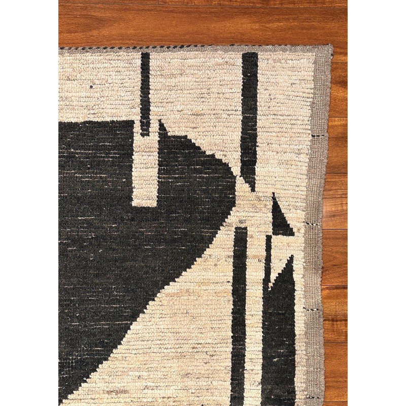 Tapis marocain en laine noué à la main 6 x 9 po, tapis ivoire moderne abstrait noir, tapis géométrique minimaliste
