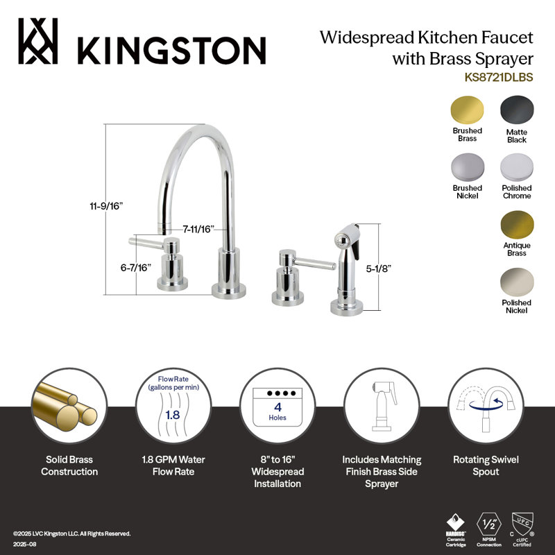 Kingston Brass Concord Double-Handle 4-Hole Widespread Kitchen Faucet with Brass Sprayer, Matte Black