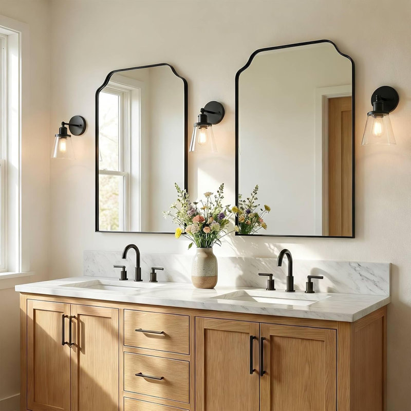 Modern Curved Corner Rectangle Bathroom Vanity Mirror | Stainless Steel Frame, 30" x 22", Matte Black