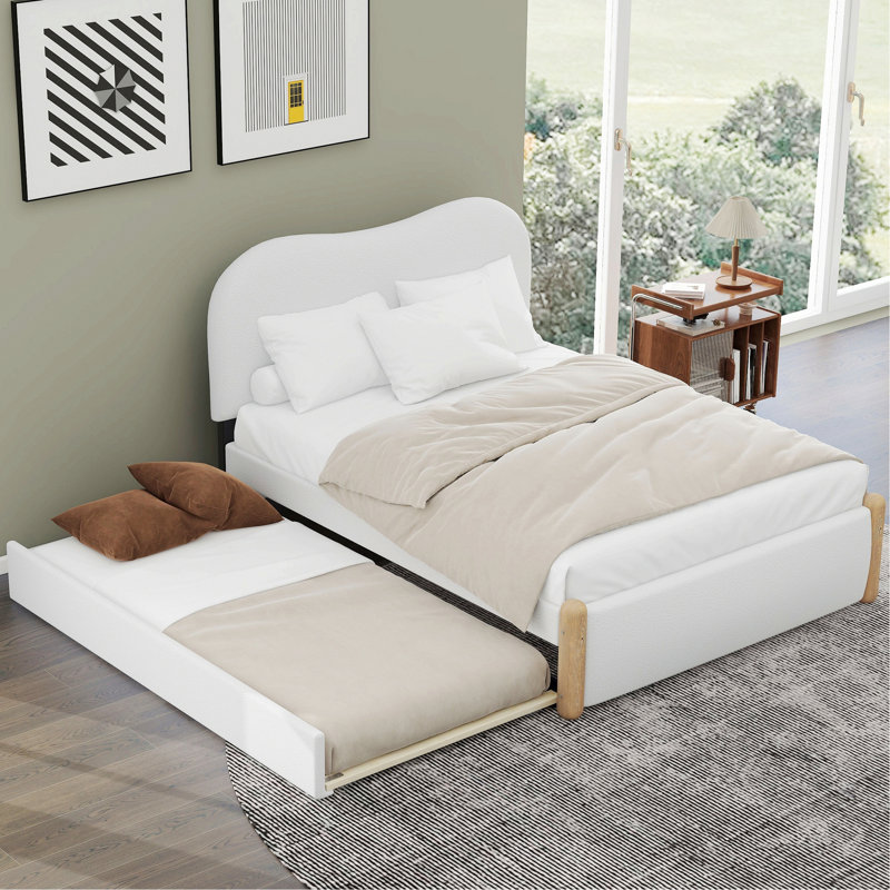 Lit élégant pour appartement, chambre d'amis, lit plateforme tapissier 1PC avec pieds et lit gigogne en bois