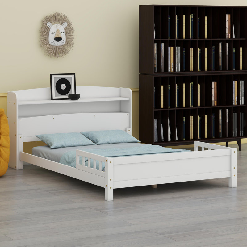 Lit en bois massif avec tête de lit bibliothèque intégrée et veilleuse à détecteur de mouvement à DEL - comprend des barrières de sécurité pour enfants ou adolescents