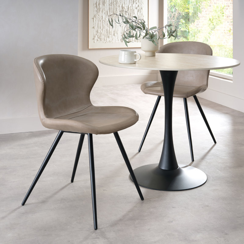 ARLO UPHOLSTERED SCOOP BACK DINING CHAIR - VINTAGE FAUX LEATHER - BLACK SAND POWDER COATED LEGS - (PAIR), Vintage Stone
