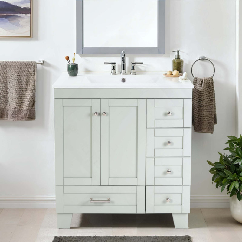 Meuble-lavabo de salle de bain avec lavabo en céramique - Tiroirs à fermeture en douceur, structure en bois massif, rangement multi-organisateur