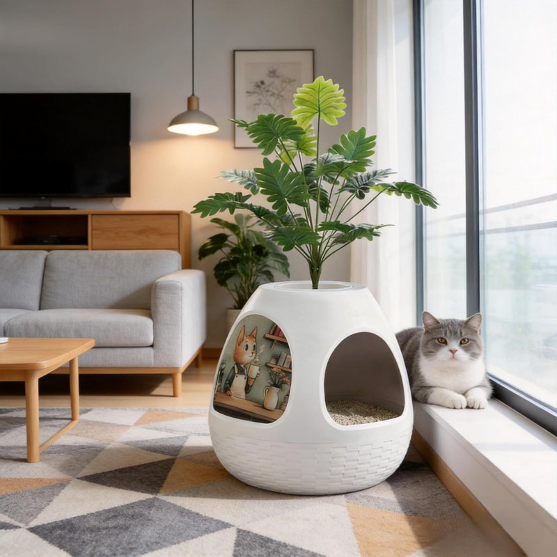 Lit moderne pour chat en forme de capsule spatiale, grande grotte en ABS avec griffoirs et plantes artificielles décoratives, cachette d'intérieur avec tapis douillet pour salon, chambre et coin