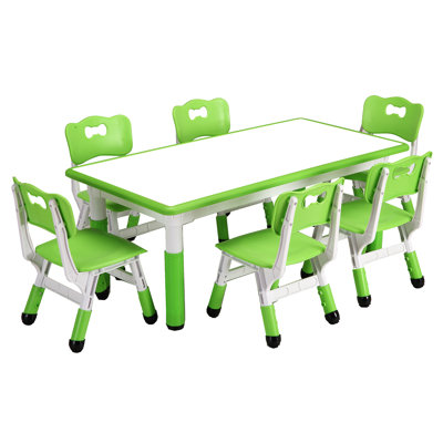 Ensemble de table et 6 chaises pour enfants à hauteur ajustable - plastique durable, résistant aux graffiti, pieds antidérapants pour les enfants de 2 à 10 ans - Bureau d'étude et d'art multi-activités pour espace d'étude, garderie, maison - vert-b