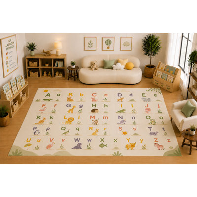 "Ultra Lightweight" Large 6'7" x 9'10" Animal Alphabet ABC Learning Area Rug for for Kids Room, Classroom, Bedroom, Playroom Decor, Soft Low Pile Indoor Rug with Non-Slip Silicone Backing, Cream