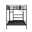 Lit superposé simple au-dessus d'un lit double en métal avec étagères grillagées, échelle de rangement et garde-robe